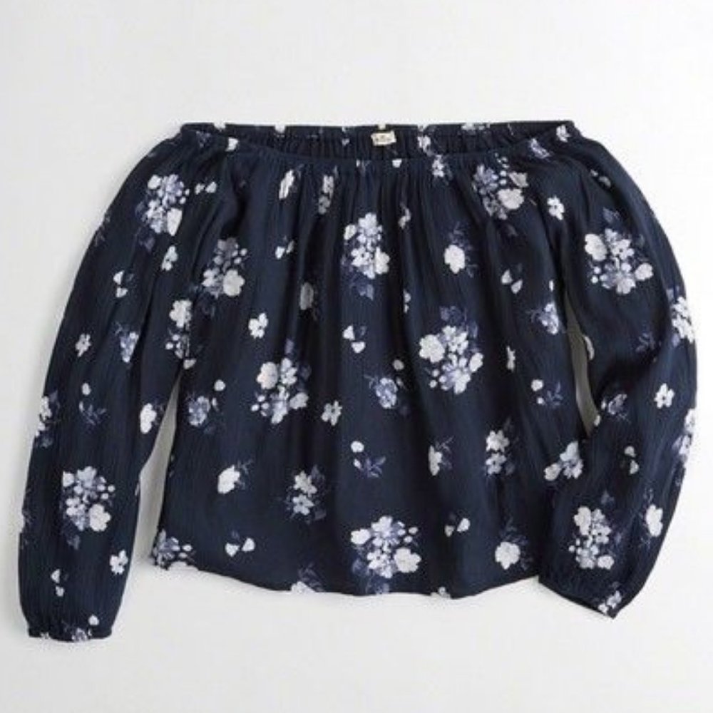 HOLLISTER Navy Floral Off the Shoudler Top